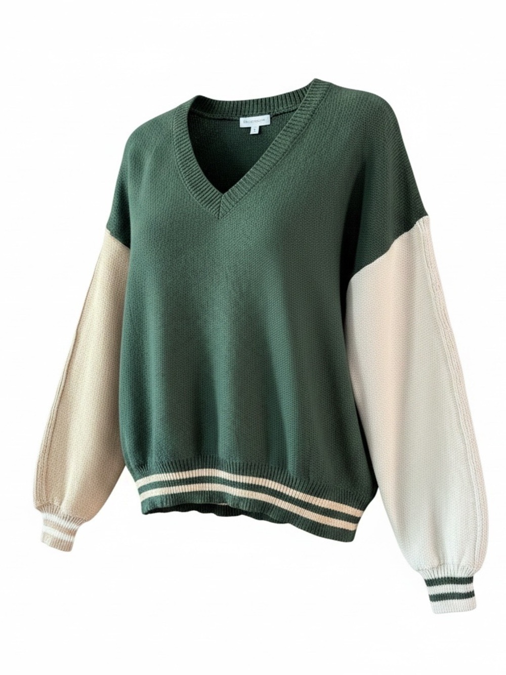 Blu Pepper V-Neck Colorblock Sweater in Forest Green & Cream